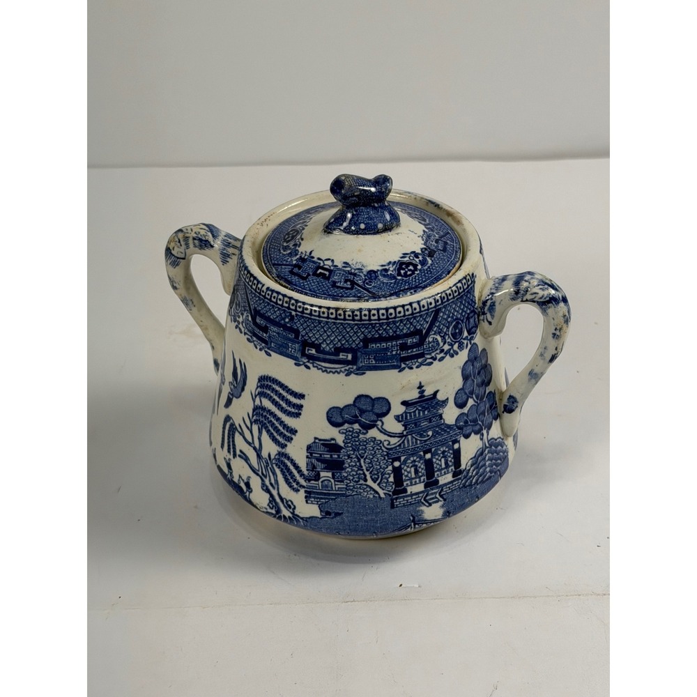 Antique Ridgway Blue Willow Sugar Bowl with Lid Semi China England 1832 Engraved